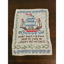 Handmade Cross Stitch Sampler Unisex OS White Nautical Ship Inspirational Quote picture
