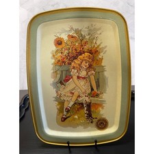 Vintage Coats & Clark Metal Tray J&P Coats Trade Card Girl Kitten Sunflowers picture
