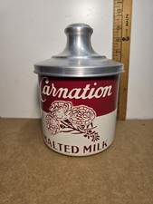 Vintage Carnation Malted Milk Counter Canister w/ Lid 1930-40's Nice Shape picture