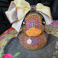 Rhinestone Crystal Duck Figurine Collectible w/ Large Satin Bow, Flower Accent picture