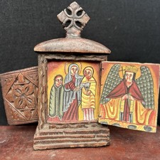 VINTAGE ETHIOPIAN ORTHODOX HAND PAINTED WOODEN FOLDING ICON ANGEL COPTIC ART picture