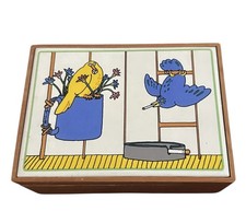 Vtg Taylor And NG Wooden Recipe Storage Box Wooden Smoking Birds Ceramic Tile picture