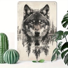 Aluminum Vintage Style Tin Metal Sign Wolf Head Pine Trees Design 12x8 picture