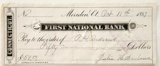 1887 Meriden CT First National Bank Check Connecticut Panel Financial Ephemera picture