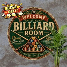 Game Room Billiard Lounge Tin Sign Round Pool Table Man Cave Metal Plaque 8x8 picture