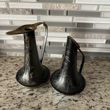 Tamar brass enamel ewer pitchers ornate etched Israel vintage decor mid century  picture