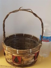 RARE Woven Basket Handle Liner Christmas Tree Carved Design Bells Birch Bark OLD picture