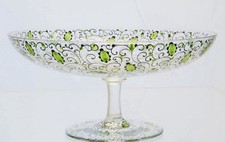 Fine Bohemian HAIDA Crystal Glass Small Compote Vase With Green Floral Enamel picture