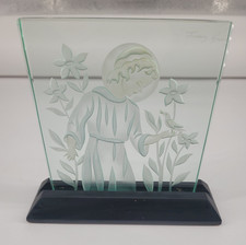 Signed Franz Grosz etched glass on stand St Francis of Assisi picture