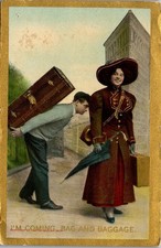 1910 Postcard Fashionable Lady Traveling w Her Luggage & Bag (a Man) Humor  picture