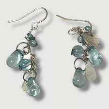 Boho Blue Beaded Dangle Fishhook Earrings Silver Tone Drop Cluster Chandelier picture