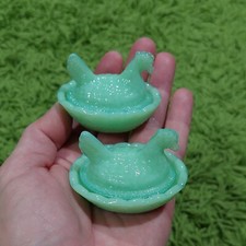 2 Mini Hen on Nest Chicken Salt Dish, Green Jadeite Depression Style Glass picture