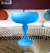 Large 7” Stunning MCM Vintage Blue Satin Glass Compote Pedestal Candy Nut Dish picture