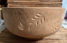 Anthropologie Carved Wooden Bowl 10” Flowers & Leaves Thailand Natural Finish picture