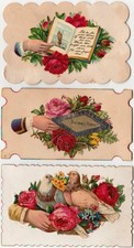 Antique Victorian Valentine Cards Lot 3 Die Cut Floral Doves Mechanical c1900 picture