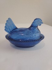 Indiana Style GLASS Hen On Nest Chicken Dish Dark Blue picture