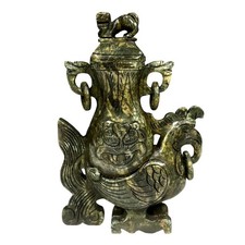 Spinach Jade Carved Mythical Beast Qing Dynasty Style Traditional Ritual Vessel  picture