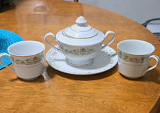 Fine China Floral Tea Set 5pc White/Green Cups/Sugar/Plate Good Condition picture