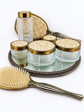 Antique 8 Pc Vanity Set Art Nouveau Petit-point Mirror, Jars , Receiver, Brush picture