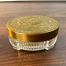 Vintage Glass Vanity Powder/Trinket Dish with Brass Decorative Lid picture