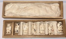 Japanese Seven Lucky Gods Carved Figurines Vintage In Wooden Box picture