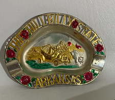 Vtg 1950's Tin Trinket Dish Souvenir State Ashtray - HILLBILLY STATE - ARKANSAS picture