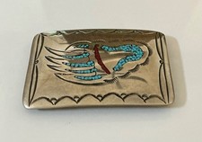 VTG Native American Signed WN Sterling Silver Chip Turquoise & Coral Belt Buckle picture