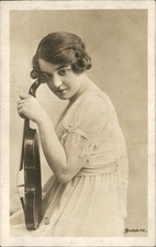 Young Woman Leans Head on Her Violin Pensive c1910 Real Photo Vintage Postcard picture