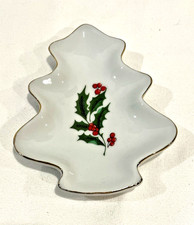 Vintage Christmas/PineTree Shaped Dish Holly Berry Accent Gold Trim picture