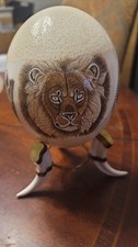Etched Ostrich Egg Art African BIG 5 with Tusk & Brass Stand picture