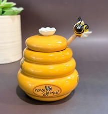 Ceramic Honey Pot Yellow Beehive Jar with Wood Dipper & Bumblebee Lid Cute Decor picture