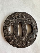 Japanese Iron Tsuba Landscape Relief Round Antique Sword Fitting picture
