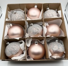 Vitbis Poland Glass Christmas Ornaments Blush Pink Silver Beaded Set of 9 - 3” picture