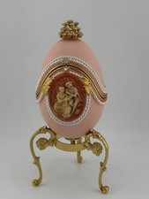 Cameo Jeweled Real Ostrich Egg Pedestal Hinged Box Music Box Rhinestone WORKS picture