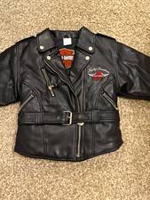 Harley-Davidson Kids Leather Biker Jacket Black Size 6 Belted Zip Rose Emb picture