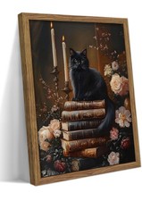 Victorian Black Cat Floral Antique Book Wildflower Wall Art Dark Wooden Frame picture