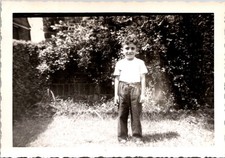 Smiling Young Boy in Backyard Garden, July 1950 Vintage Snapshot Photo picture