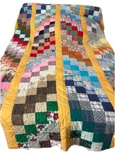 Vintage Handmade Scrap patchwork strip quilt with Yellow sashing 99in X 87in picture