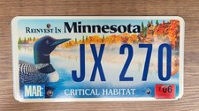 2006 Minnesota Critical Habitat LOON License Plate Tag  #JX 270  Wildlife picture
