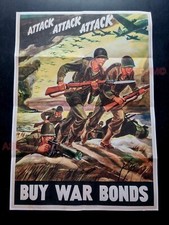 1943 WW2 USA ATTACK BUY WAR BONDS ARMY SOLDIER BATTLE TANK PROPAGANDA POSTER 536 picture