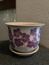 Norcal Pottery Planter With Attached Drain Dish Purple  Flowers EUC picture