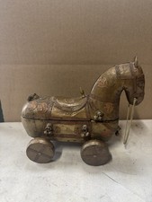 Vintage Rajasthani Horse Box On Wheels India Wood Brass Copper Trojan Folk Art picture