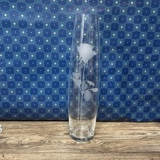 Tall Clear Glass Vase Etched Rose Floral Design 15” Decorative Flower Vase picture
