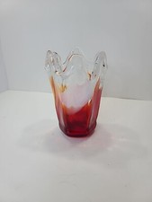 Vintage Handblown Orange, Red, Clear & White Glass Art Vase 6.75