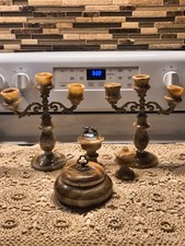 Vtg. 1960s Mid-Century Banded Onyx & Brass 5-Piece Vanity Smoker Set picture