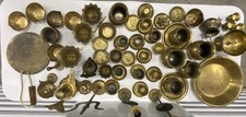 Brass Hindu Puja Ritual Item Lot Bowls Lamps Om Trishul Gong India Decor 63 pcs picture