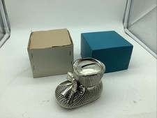 RAIMOND VINTAGE SILVER PLATE BABY SHOE BANK Boot Bow Antique Baby gift in box picture