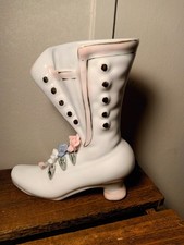 Vtg Lefton Porcelain Victorian Boot Figurine, Gold Buttons, Applied Flowers picture