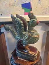 Annapakshi. Large Carved Wooden Mythical Bird Statue Hand Painted Teal Red Gold picture