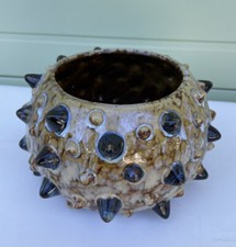 Handmade Hobnail Raised Pedestal Planter Bowl Porcelain Ceramic Brown Signed picture
